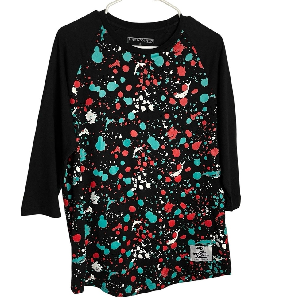 Pink Dolphin Paint Splatter Raglan Tee T-Shirt Size L Black Aqua Crop Sleeve